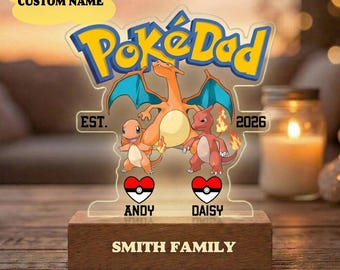 Lámpara de noche personalizada PokeDad, tablero de acrílico y madera Pikachu Eevee para el Día del Padre, decoración de dormitorio con personajes de anime Pokémon, regalo para papá.