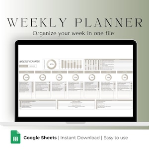 Pode incluir: Um ecrã de computador portátil exibe um modelo de planeador semanal digital. O texto "WEEKLY PLANNER" está no topo, com o slogan "Organize a sua semana num ficheiro". O modelo do Google Sheets foi concebido para fácil utilização e download instantâneo.