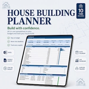 Pode incluir: Uma planilha digital de planejamento de construção de casa exibida na tela de um tablet. A interface apresenta um painel com controle de orçamento, fases do projeto, status de tarefas e prazos. Inclui 10 abas para Excel e Google Sheets.