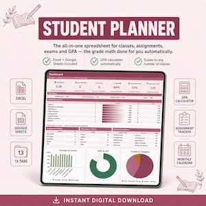 Puede incluir: Una hoja de cálculo digital de planificación estudiantil en la pantalla de una tableta. El panel muestra un rastreador de promedio, estado de tareas, cuenta regresiva de exámenes y gráficos. Se ven iconos de Excel, Google Sheets y un calendario.