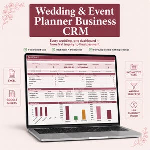 Pode incluir: Um portátil exibindo um painel de CRM para organizadores de casamentos e eventos com tabelas de dados, gráficos de barras e resumos financeiros. A interface inclui seções para o acompanhamento de consultas, pagamentos e tarefas.