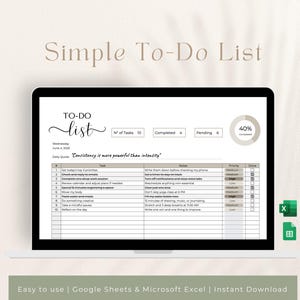 May include: A laptop screen displays a digital to-do list template. The list includes tasks, notes, and priority levels. The text "Simple To-Do List" is at the top. The template is designed for Google Sheets and Microsoft Excel.