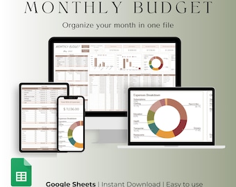May include: A digital monthly budget template displayed on a desktop computer, tablet, smartphone, and laptop. The text reads "MONTHLY BUDGET" and "Organize your month in one file." The Google Sheets icon is visible, along with the text "Google Sheets | Instant Download | Easy to use."