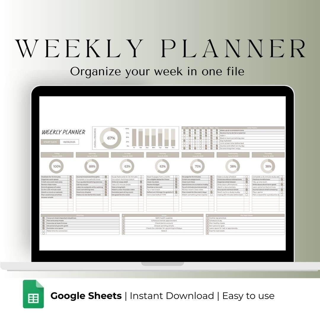 Weekly Planner Spreadsheet Google Sheets Daily Task Tracker to Do List ...
