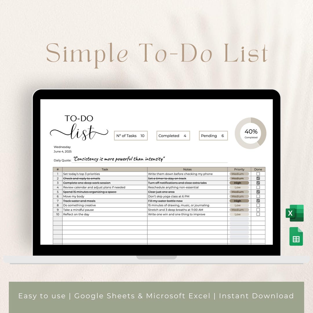 Daily to Do List Template Google Sheets & Excel | Simple Task Organizer ...