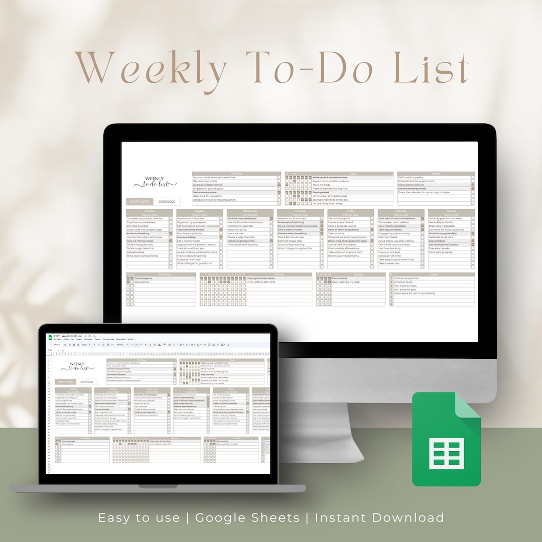 To Do List Task Tracker Google Sheets Daily Weekly Monthly Productivity ...