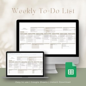 Puede incluir: Una lista de tareas semanales digital que se muestra en una computadora portátil y una pantalla de computadora de escritorio. Las pantallas muestran un diseño de cuadrícula con secciones para tareas y casillas de verificación. El texto "Weekly To-Do List" está en la parte superior.