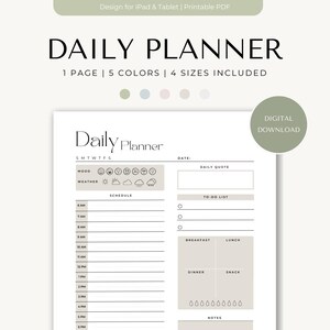 Pode incluir: Um planejador diário digital em PDF, projetado para iPad e tablets. O planejador inclui seções para agendamento, rastreamento de humor e planejamento de refeições. O texto "DAILY PLANNER" está no topo, com "1 PAGE | 5 COLORS | 4 SIZES INCLUDED" abaixo.