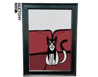 Impressão artística de um gato preto e branco em negrito – Pôster divertido e peculiar de um animal de estimação (Download digital)