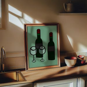 Weinflasche Digital Art Print - Moderne minimalistische Küchen-Wanddekoration, Rotwein-Poster mit Gläsern, druckbare Barkunst für das Esszimmer
