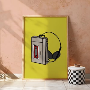 Retro Walkman Wall Art Print – 80s Cassette Player Digital Download, Vintage Music Lover Decor, Headphones Pop Art Poster, Instant Download