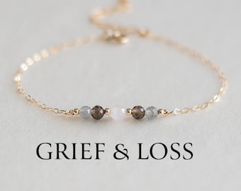 Pulseira de cristal para apoio à dor e à perda: quartzo fumê, quartzo rosa, labradorita
