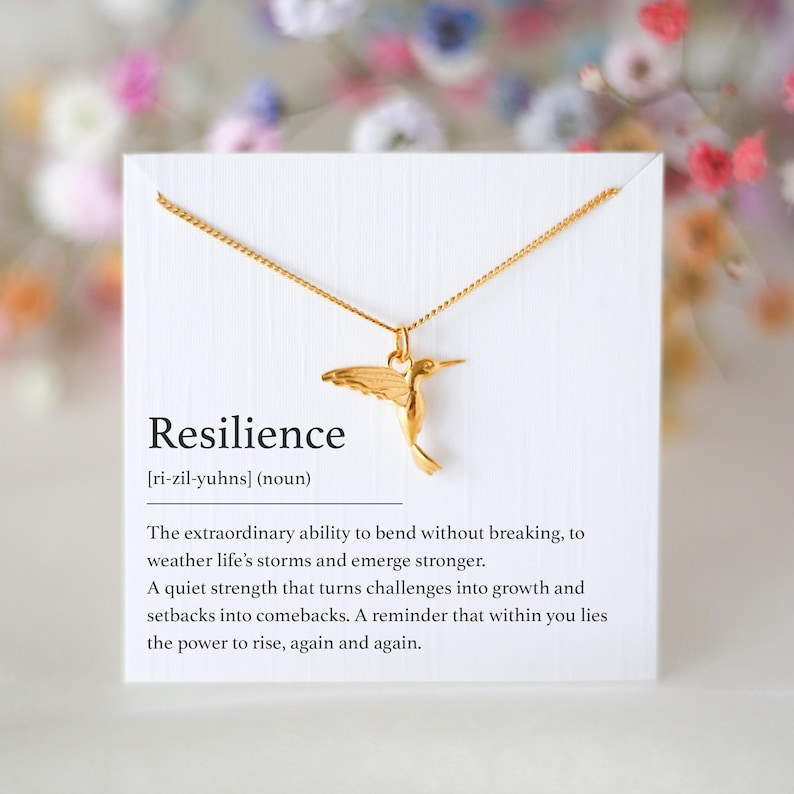 K&ouml;nnte beinhalten: Goldfarbene Halskette mit einem Kolibri-Anh&auml;nger auf einer wei&szlig;en Karte mit dem Wort "Resilienz" und seiner Definition. Die Halskette wird vor einem weichen, verschwommenen Hintergrund aus bunten Blumen pr&auml;sentiert.