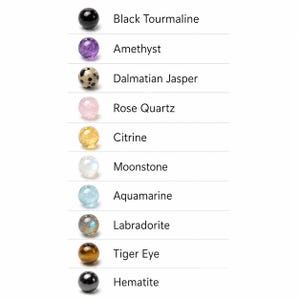 May include: A collection of gemstone beads, each with a unique color and texture. The image includes Black Tourmaline, Amethyst, Dalmatian Jasper, Rose Quartz, Citrine, Moonstone, Aquamarine, Labradorite, Tiger Eye, and Hematite. Each bead is labeled.