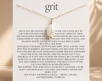 Grit Pearl Necklace for Her - Strength Resilience & Hope Gift, Inspirational Jewelry