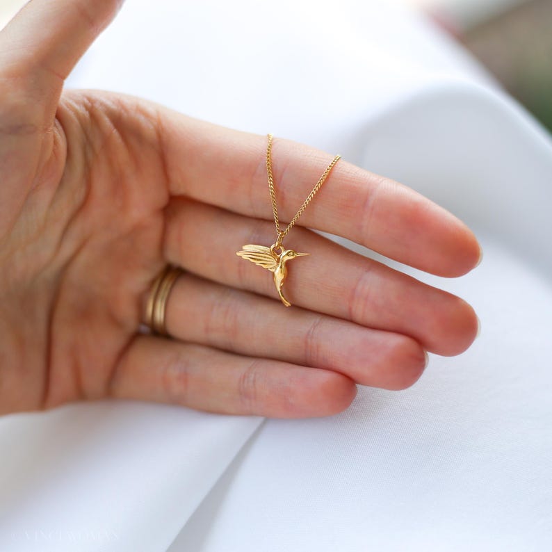 K&ouml;nnte beinhalten: Eine goldfarbene Halskette mit einem Anh&auml;nger in Form eines Kolibris. Der Anh&auml;nger zeigt ein detailliertes Kolibri-Design mit ausgebreiteten Fl&uuml;geln. Die Halskette wird auf einer Hand pr&auml;sentiert, die die zarte Kette und den Anh&auml;nger zeigt. Der Hintergrund ist ein weicher, wei&szlig;er Stoff.