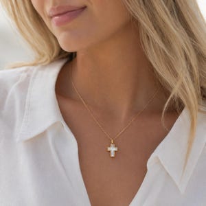Gold Cross Necklace, Mother of Pearl Pendant, Religious Gift for Women, Baptism or Confirmation Jewelry, Mother Of Pearl Cross