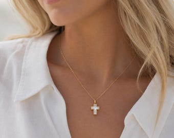 Collar con cruz de oro, colgante de nácar, regalo religioso para mujer, joyería para bautismo o confirmación, cruz de nácar