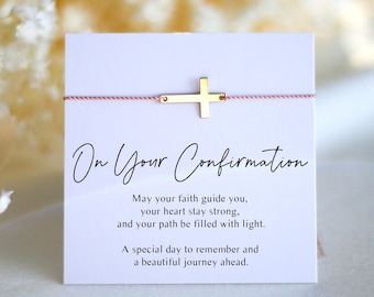 Confirmation Gift - 14k Solid Gold Cross Cord Bracelet for Girl or Boy, Religious Gift