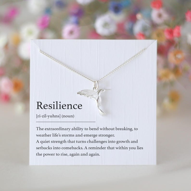 K&ouml;nnte beinhalten: Eine silberne Halskette mit einem Anh&auml;nger in Form eines Kolibris auf einer wei&szlig;en Karte. Auf der Karte steht "Resilienz" mit einer Definition. Die Halskette ist zart und der Kolibri ist im Flug. Der Hintergrund ist verschwommen mit bunten Blumen.