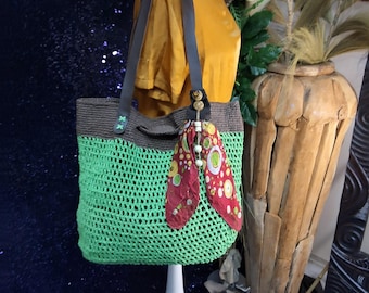 Handmade Crochet Shoulder Bag: Green Boho Purse with Silk Scarf