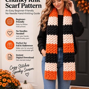 Pode incluir: Um cachecol de tricô grosso com listras horizontais em cores alternadas laranja brilhante, creme e preto. O cachecol é feito com fio grosso e um padrão de pontos texturizado. O texto na imagem diz Halloween Chunky Knit Scarf Pattern, Beginner-Friendly, No Needles Needed e Cozy Stitches Spooky Season.