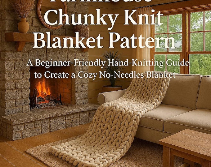 Featured listing image: Farmhouse Chunky Knit Blanket Pattern PDF | Beginner Hand Knitting Tutorial | No Needles Blanket DIY