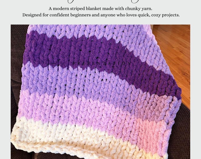 Featured listing image: Chunky Stripe Blanket Pattern PDF | Finger Knitting Blanket | No Needles | Beginner Friendly Instant Download