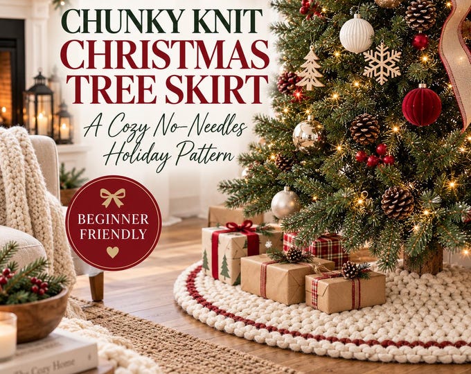 Featured listing image: Chunky Knit Christmas Tree Skirt Pattern | Finger Knitting Pattern | No Needles Holiday Decor | Beginner Christmas PDF