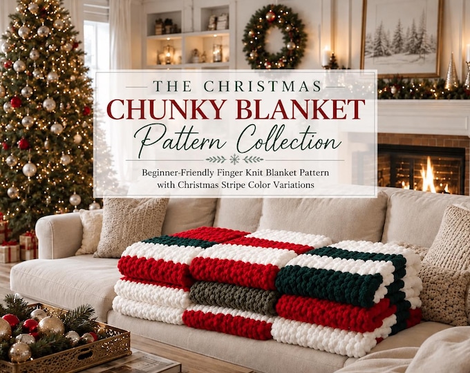 Featured listing image: Christmas Chunky Blanket Pattern PDF, Beginner Friendly Finger Knit Blanket, No Needles, Easy DIY Throw