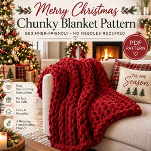 Peut inclure: Un modèle PDF numérique pour une couverture épaisse avec le texte Merry Christmas Chunky Blanket Pattern, Beginner-Friendly, No Needles Required et PDF Pattern. L'image montre une couverture rouge foncé, épaisse et tricotée à la main sur un canapé.