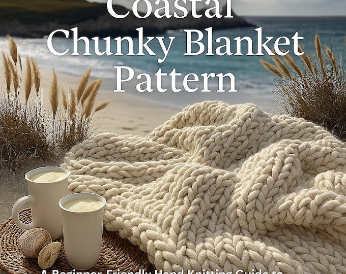 Featured listing image: Coastal Chunky Knit Blanket Pattern PDF | Beginner Hand Knitting Tutorial | No Needles Blanket DIY