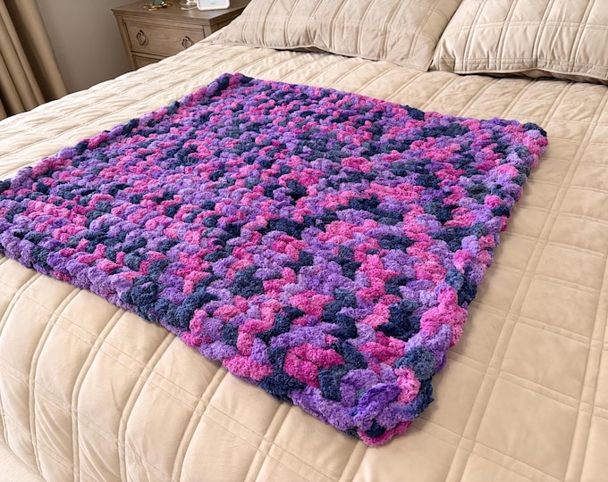Featured listing image: Chunky Knit Baby Blanket, Pink Purple Chenille Yarn, Nursery Throw