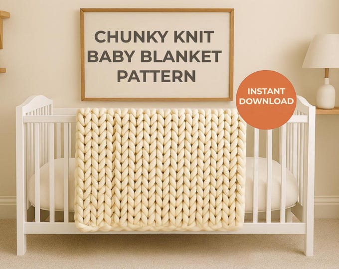 Featured listing image: Chunky Knit Baby Blanket Pattern, No Needles, Beginner Hand Knit Blanket Tutorial PDF, Baby Shower Gift Pattern
