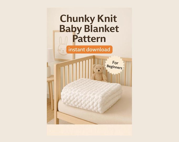 Featured listing image: Chunky Knit Baby Blanket Pattern, No Needles, Beginner Hand Knit Blanket Tutorial PDF, Baby Shower Gift Pattern