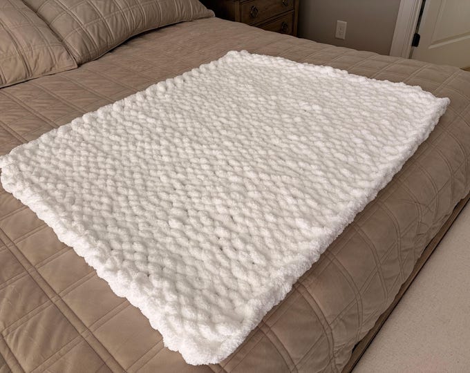 Featured listing image: Chunky Knit Baby Blanket, White Chenille Yarn, Nursery Throw