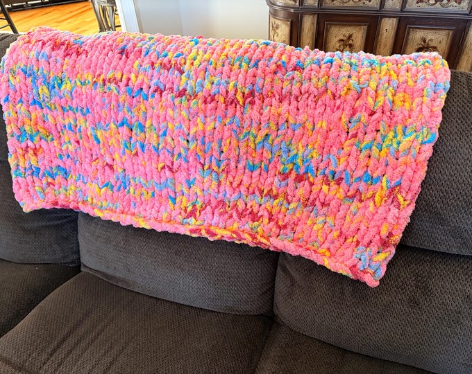 Featured listing image: Chunky Knit Baby Blanket, Pink Multicolored Chenille Yarn, Nursery Throw
