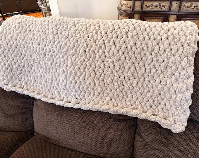 Featured listing image: Handmade Chunky Knit Gray Baby Blanket, Chenille Yarn, Nursery Throw