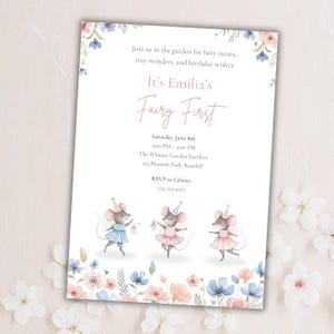 Convite de aniversário com tema de jardim de fadas | Convite editável para o primeiro aniversário | Tema de rato floral | Download instantâneo
