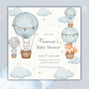 faire-part de fête de naissance en montgolfière | Thème animal bleu ciel | Modèle de toile modifiable | Téléchargement instantané | Invitation imprimable