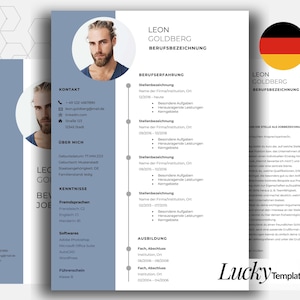Op de afbeelding: Een professioneel cv-sjabloon met een blauwe zijbalk, een ronde portretfoto en gestructureerde secties voor contactgegevens, werkervaring en vaardigheden. Het document bevat tekst zoals Leon Goldberg en LuckyTemplatePro.