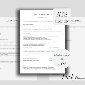 May include: A professional CV template featuring black text on a white background with sections for contact information, professional summary, work experience, education, and skills. The document includes text overlays stating ATS friendly and Tried & tested in 2026, with the brand name LuckyTemplatePro at the bottom.