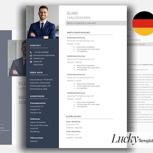 May include: A professional CV template featuring a dark blue sidebar with contact details, skills, and a photo placeholder, alongside a white main section for work experience and education, with the text LuckyTemplatePro at the bottom.