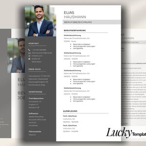 Op de afbeelding: Een professioneel cv-sjabloon met een strak, modern ontwerp, voorzien van een donkergrijze zijbalk voor contactgegevens, vaardigheden en persoonlijke informatie, naast een wit hoofdgedeelte voor werkervaring en opleiding, inclusief een foto.