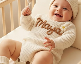Conjunto de mameluco para recién nacido bordado a mano: traje personalizado para bebé que regresa a casa