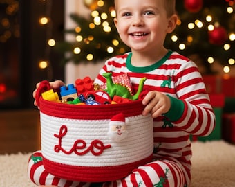 Personalized Christmas Gift Basket: Custom Name Holiday Rope Basket