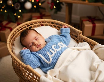 Personalized Knit Baby Sweater with Name: Newborn Baby First Christmas Outfit