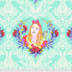 May include: A colorful illustration of a girl with blonde hair and a pink bow, wearing a red and white polka dot dress. She is surrounded by flowers and a white cat with blue eyes. The background is a turquoise blue with a white damask pattern.