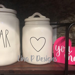 2 pc Rae Dunn valentine inspired Farmhouse heart vinyl decal baby canister size or 1” for egg cups
