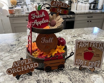 Handmade laser cut 3-D Fall Farm Fresh Apples/Apple Cider/Apple Orchard tiered tray decor